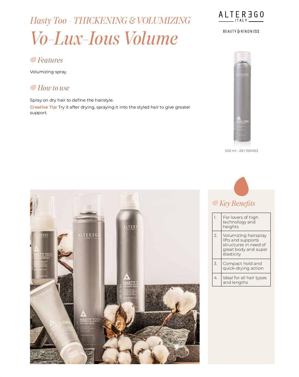 Alter Ego Italy Create & Texturize — Thickening & Volumising - Vo-Lux-Ious Volume Spray - 500 ml / 16.9 oz