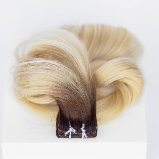 Tape-In 18" 50g Single Donor Virgin - #T3/60 Cocoa Rooted Blonde (aka Rooted Walnut Brown/Ash Blonde)