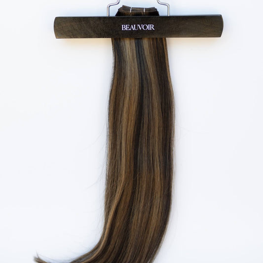 Genius (Micro) Weft 16" 60g Pro Blend Hair Extensions - #1B/2/6 Dark Chocolate Caramel (aka Piano Key Chocolate Drip)