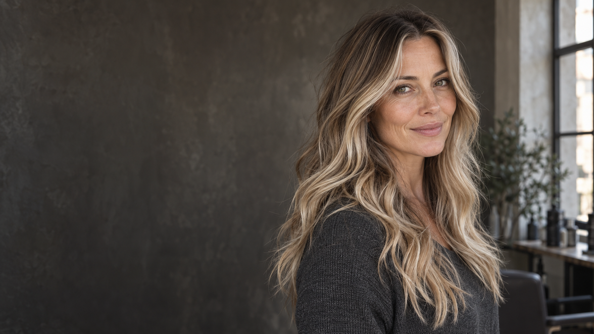 Woman with natural air-touch balayage in a charcoal knit top, softly lit in a salon